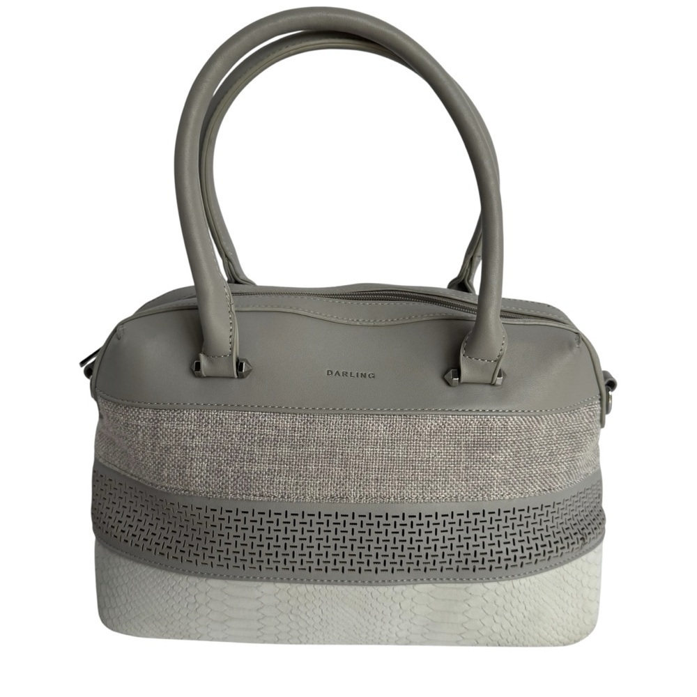 Darling Shoulder Bag Grey Stripe Faux Leather Purse Zip Top Medium Size VGUC